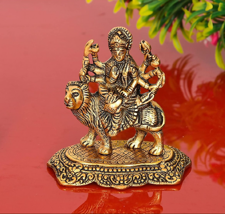 Brass Durga Amman Idol with Lion – Divine Hindu Goddess Statue for Pooja Room, Home Decor & Spiritual Gift (Antique Finish)