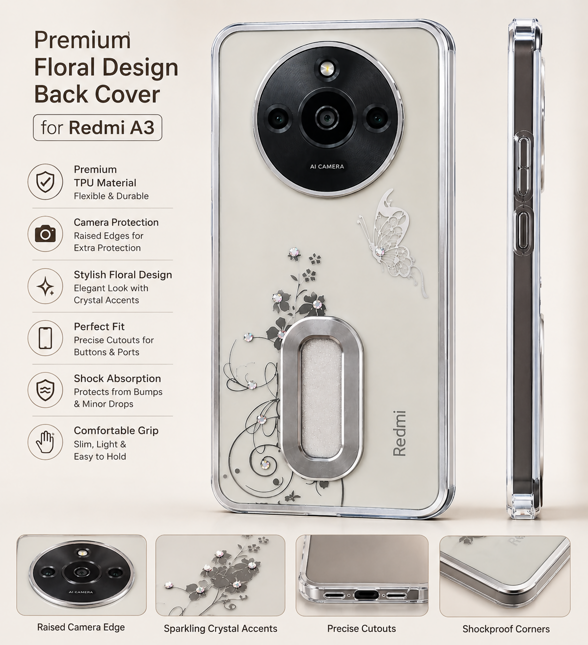 Redmi A3 Premium Shockproof Back Cover | Slim Fit Soft TPU Silicone Case | Anti-Scratch Matte Finish | Camera Protection | Lightweight Durable Mobile Back Cover for Redmi A3