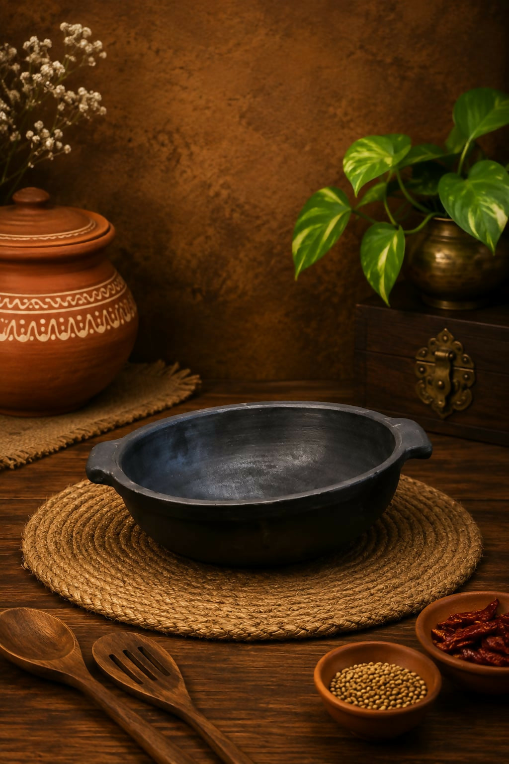 Plain Handle kadai 1 litre Handcrafted Black Clay Plain Handle Kadai | Traditional Terracotta Cooking Pot | Healthy & Chemical Free Kitchenware