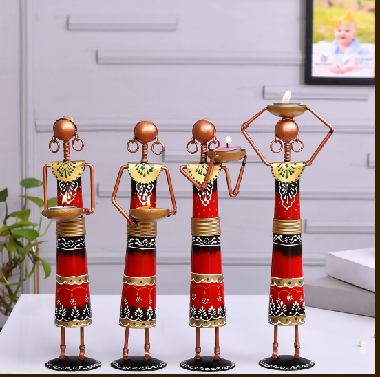 Handcrafted Tribal Lady Metal Diya Holder Set – Traditional Decorative Candle Stand for Home & Festive Decor (Set of 4)
