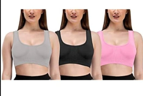Pack of 3 women wearing Enamor low-impact cotton sports bras.