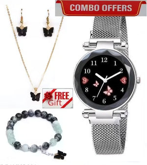 1. Women’s Butterfly Design Analog Silver Watch with Bracelet, Necklace & Earrings-Combo Gift Set