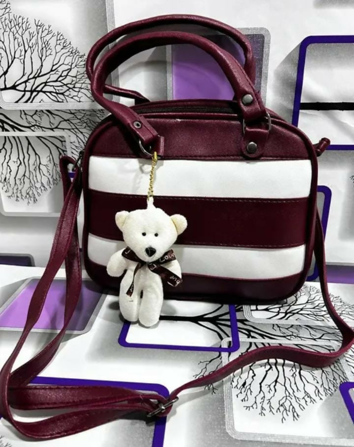Stylish Black & White Striped Handbag with Cute Teddy Charm