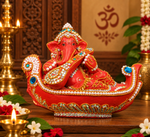Royal Terracotta Stone Work Boat Vinayagar Statue | Traditional Handmade Ganesha Décor(7inch=H*L=7*8)