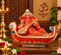 Royal Terracotta Stone Work Boat Vinayagar Statue | Traditional Handmade Ganesha Décor(7inch=H*L=7*8)
