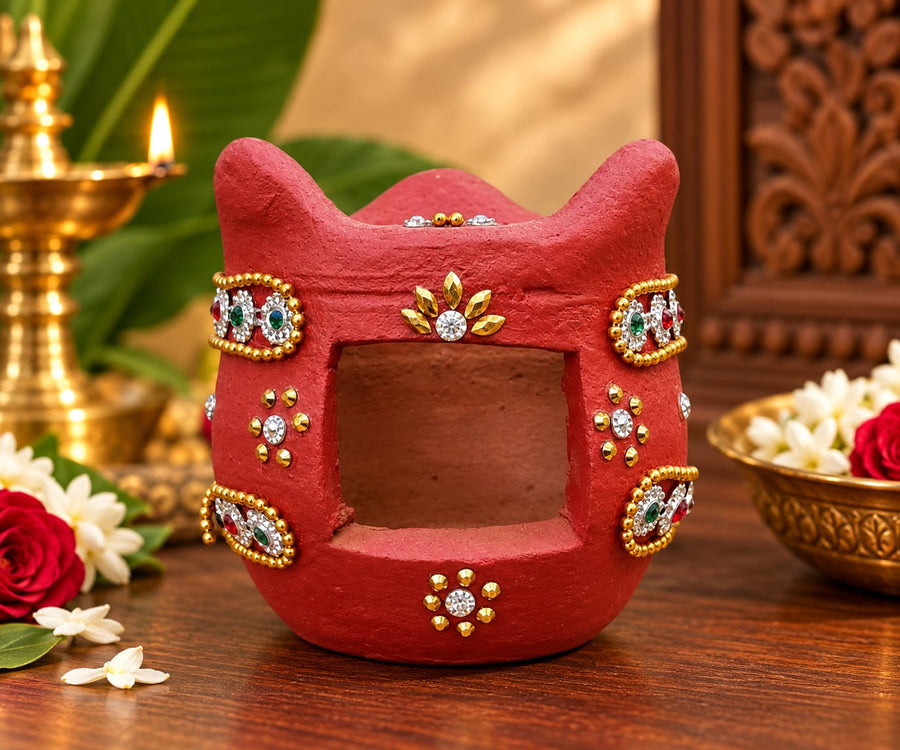 Royal Traditional Terracotta Stone Work Tiny Stove | Handmade Clay Cooking Stove | Ethnic Indian Kitchen Décor