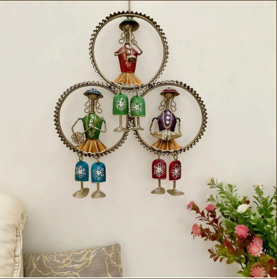 Handmade Tribal Musician Wall Decor | 3 Circle Metal Wall Hanging | Ethnic Home Decoration