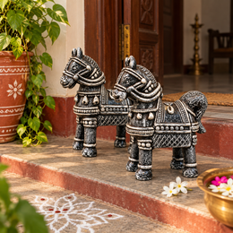 Royal Handmade Terracotta Stone Color Horse Pair Showpiece | Traditional Indian Horse Statue | Luxury Ethnic Home Décor(6inch=H*L=6*6)