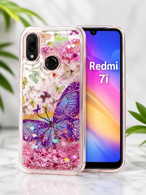 Butterfly Glitter Liquid Back Cover for Redmi 7i – Shockproof Transparent TPU Case with Floating Pink Glitter & Heart Sequins