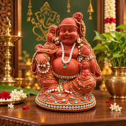 Royal Terracotta Stone Work Gubera Statue | Handmade  Kubera Idol | Traditional Wealth & Prosperity Décor[6INCH=H*L=6*5]