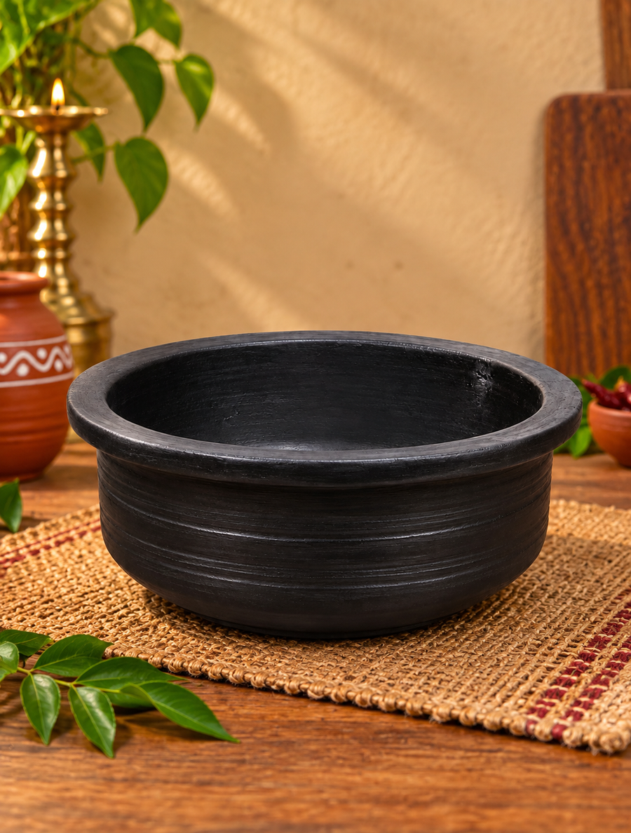 Royal Chettinadu Black Clay Kulambu Chatti | Handmade Earthen Clay Cooking Pot | Traditional South Indian Cookwares