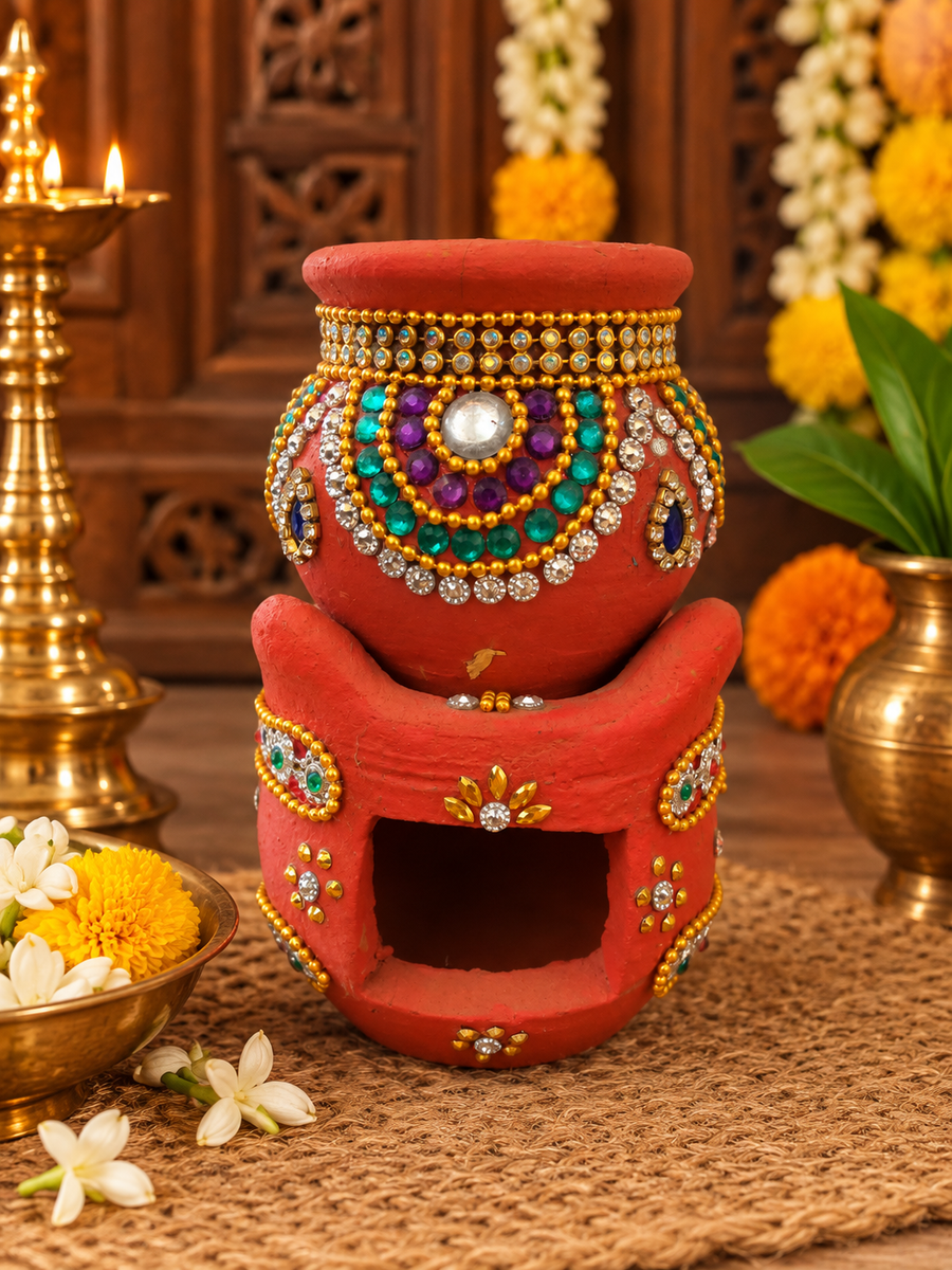 Royal Traditional Terracotta| Stone Work | Tiny Stove & Pot  Navadhaniya Set | Handmade Clay Cooking Stove with Decorative Pot