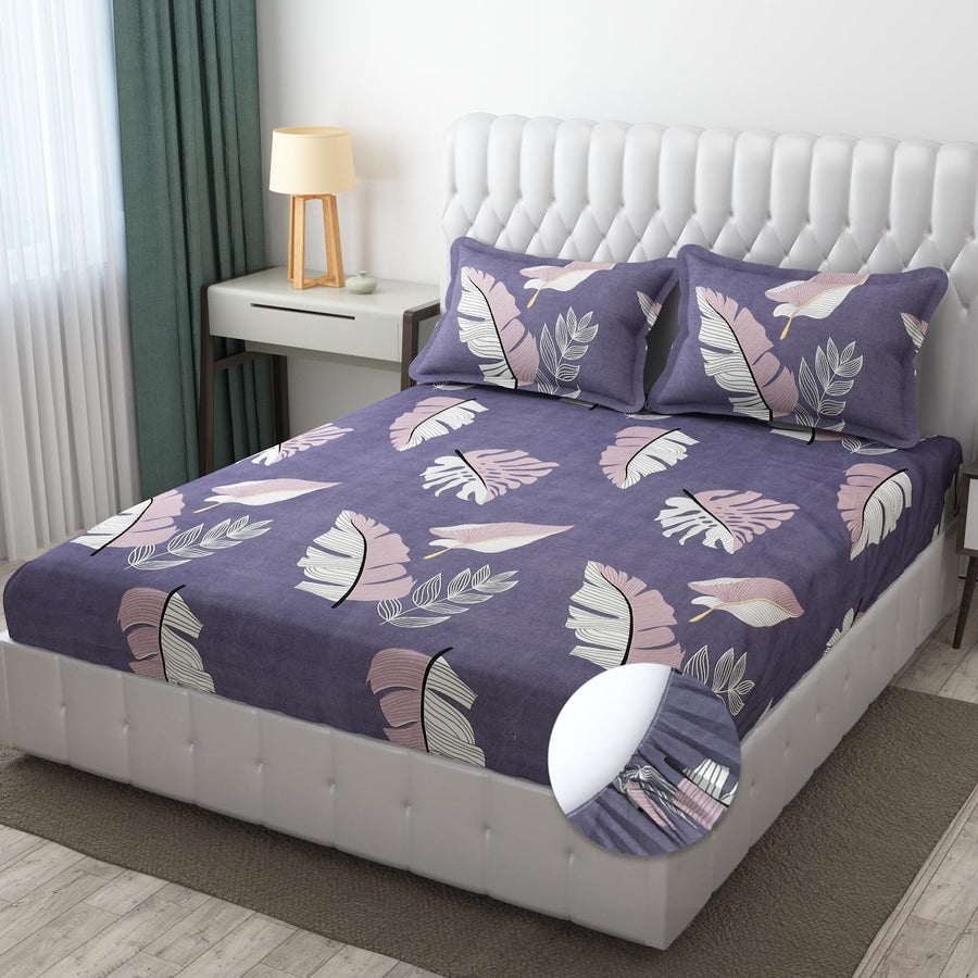 Purple Leaves Cotton King Size Elastic Bedsheet 160 TC with 2 Matching Pillow Covers