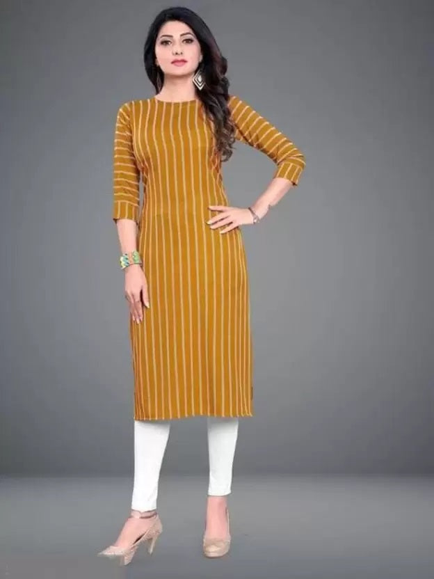 Crepe Striped Kurti for Women (Yellow, S)Crepe Striped Kurti for Women (Yellow, S) – Stylish Casual & Office Wear Straight Kurta