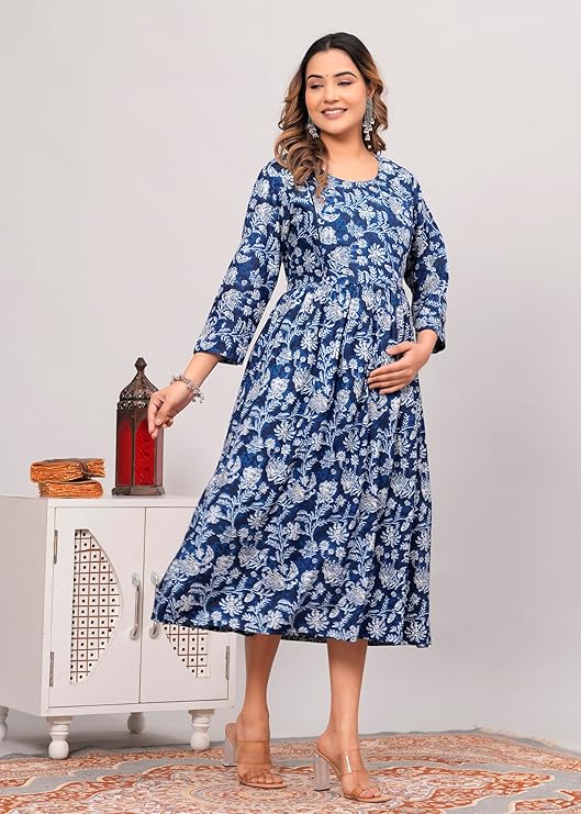 Anarkali Poly Crepe Printed Kurti for Women (Grey & Blue, M)Anarkali Poly Crepe Printed Kurti for Women (Grey & Blue, M) – Elegant Flared Ethnic Dress for Casual & Festive Wear