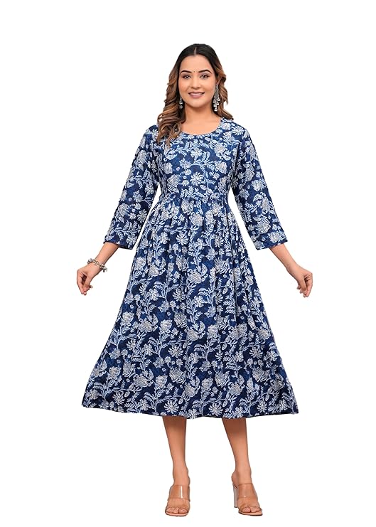 Anarkali Poly Crepe Printed Kurti for Women (Grey & Blue, M)Anarkali Poly Crepe Printed Kurti for Women (Grey & Blue, M) – Elegant Flared Ethnic Dress for Casual & Festive Wear