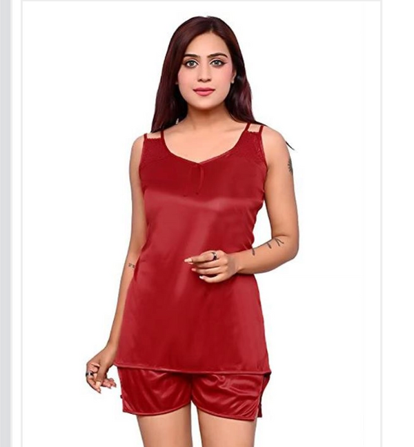Satin Nightdress Set for Women (Red, M)Red Satin Nightdress Set for Women (Size M) Soft & Elegant Sleepwear