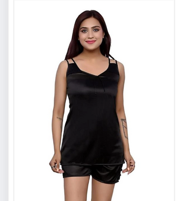Women's Premium Black Satin Nightdress Set - Silky Soft 2-Piece Sleepwear, Sexy V-Neck Nighty with Robe, Comfortable & Luxury Honeymoon Night Suit/Lingerie for Ladies (Size: Medium / M)