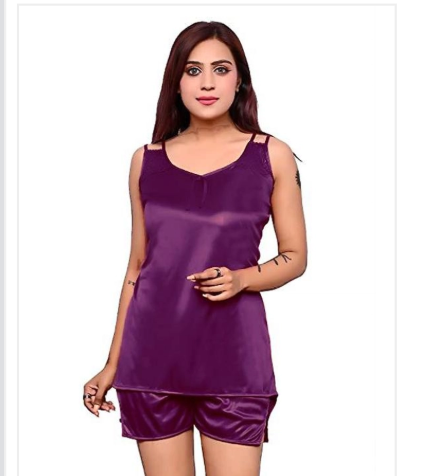 Satin Nightdress Set for Women (Purple, M)Satin Nightdress Set for Women Purple (M) | Soft & Elegant Nightwear Sleepwear Set