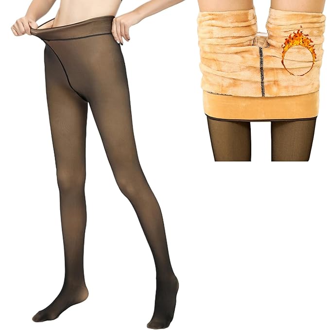 Premium Fleece Lined Tights for Women - Fake Translucent Thermal Pantyhose - High Waisted Winter Warm Leggings - Thick Opaque Skin-Tone Tights for Cold Weather - Slimming Elastic Thermal Stockings for Dresses & Skirts