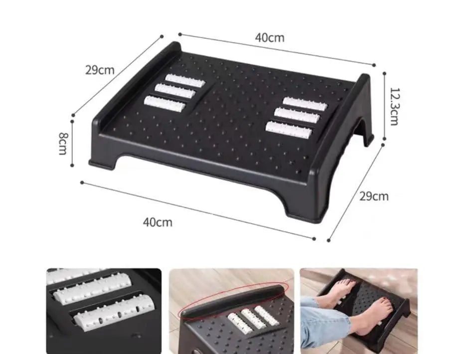 Foot Rest for Under Desk with Massage Particle and Roller.Relax and reduce fatigue with under desk foot rest with massage particles and rollers. Improves blood circulation, promotes posture, and offers foot comfort during work or home use.