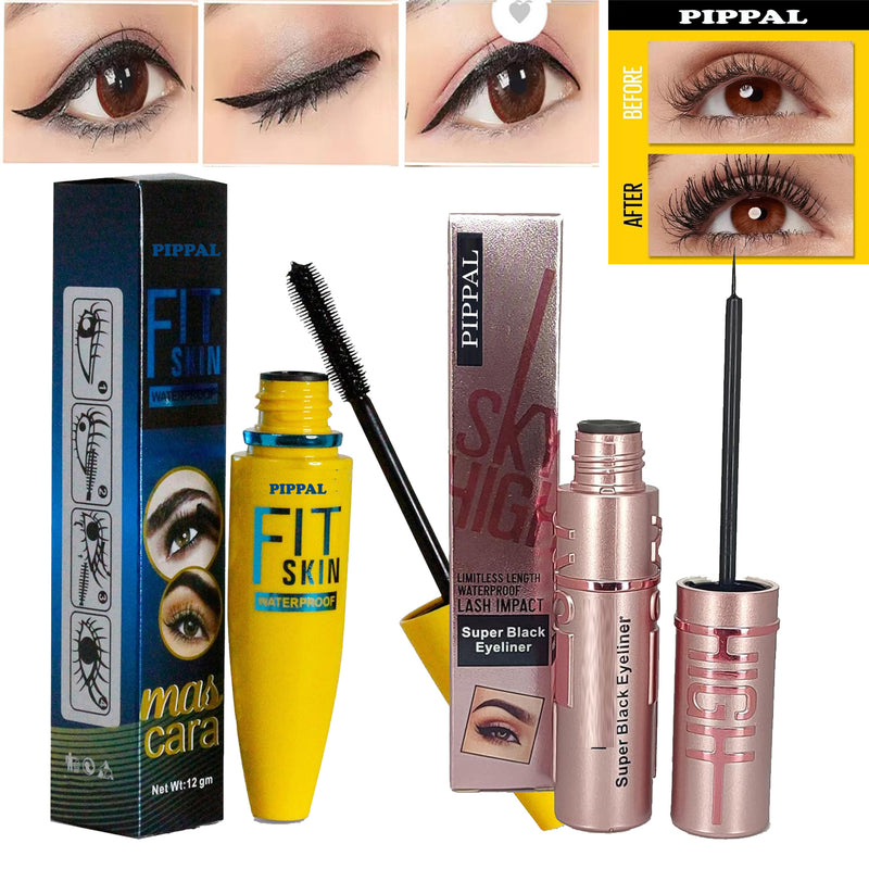 Pippal Fit Skin Mascara with Sky High Eyeliner Ultra Volume Volumizing Eyeliner for Bold And Dramatic Lashes Long Lasting Waterproof 10Gm (Pack of 1)