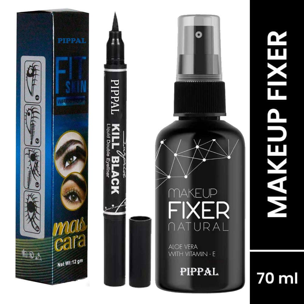 Pippal Beauty Makeup Fixer Natural Dewy Finish with Vitamin E And Aloe Vera Long-Lasting Hydrating & Refreshing Setting Spray 80ml (Pack of 1) with Fit Skin Mascara And 2 in 1 Eyeliner