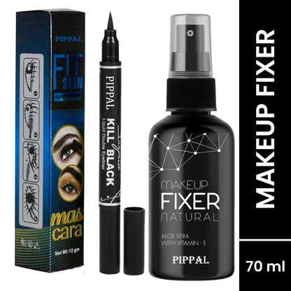 Pippal Beauty Makeup Fixer Natural Dewy Finish with Vitamin E And Aloe Vera Long-Lasting Hydrating & Refreshing Setting Spray 80ml (Pack of 1) with Fit Skin Mascara And 2 in 1 Eyeliner