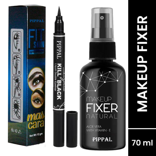 Pippal Beauty Makeup Fixer Natural Dewy Finish with Vitamin E And Aloe Vera Long-Lasting Hydrating & Refreshing Setting Spray 80ml (Pack of 1) with Fit Skin Mascara And 2 in 1 Eyeliner