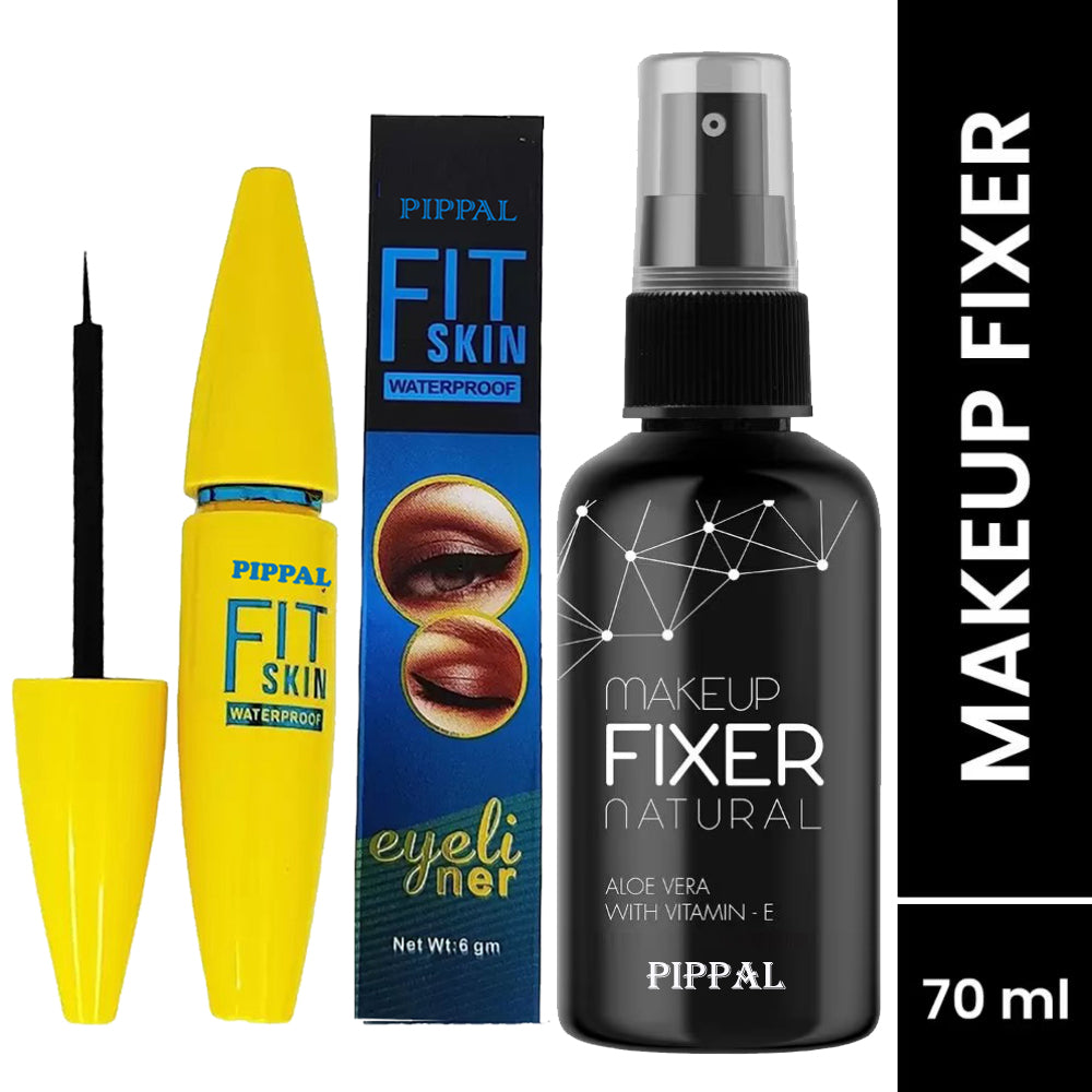 Pippal Beauty Makeup Fixer Natural Dewy Finish with Vitamin E And Aloe Vera Long-Lasting Hydrating & Refreshing Setting Spray 80ml (Pack of 1) with Fit Skin Supar Black Eyeliner