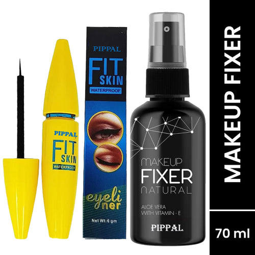 Pippal Beauty Makeup Fixer Natural Dewy Finish with Vitamin E And Aloe Vera Long-Lasting Hydrating & Refreshing Setting Spray 80ml (Pack of 1) with Fit Skin Supar Black Eyeliner