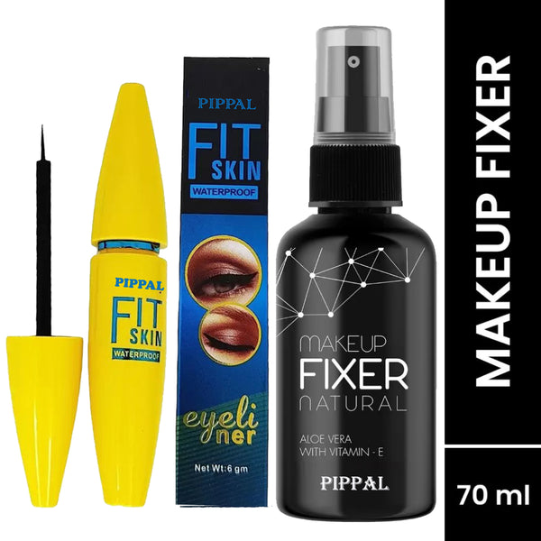 Pippal Beauty Makeup Fixer Natural Dewy Finish with Vitamin E And Aloe Vera Long-Lasting Hydrating & Refreshing Setting Spray 80ml (Pack of 1) with Fit Skin Supar Black Eyeliner