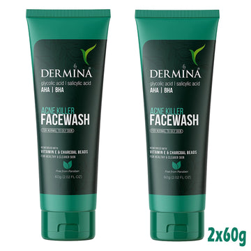 Dermina Acne Killer Facewash with Glycolic Acid, , Vitamin Pack of - 2Dermina Acne Killer Facewash with Glycolic Acid & Vitamins (Pack of 2) for Clear Skin