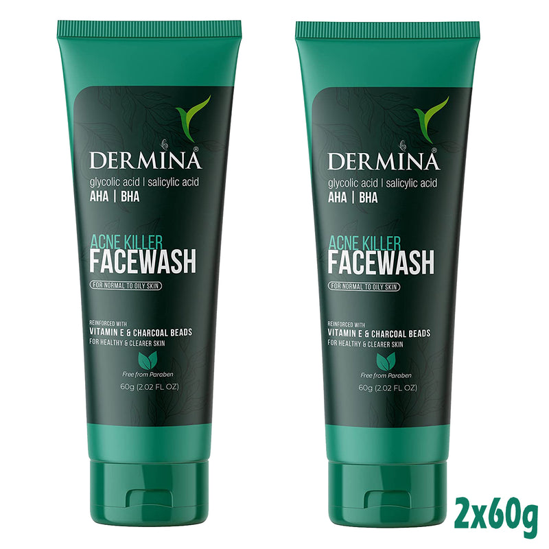 Dermina Acne Killer Facewash with Glycolic Acid, , Vitamin Pack of - 2Dermina Acne Killer Facewash with Glycolic Acid & Vitamins (Pack of 2) for Clear Skin