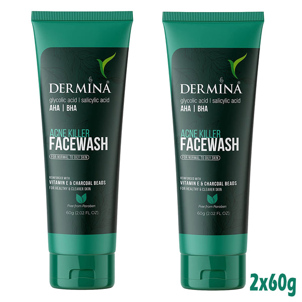 Dermina Acne Killer Facewash with Glycolic Acid, , Vitamin Pack of - 2Dermina Acne Killer Facewash with Glycolic Acid & Vitamins (Pack of 2) for Clear Skin
