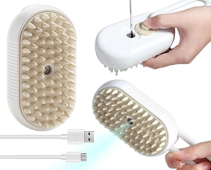 3-in-1 Steam Brush with Steamer - Suitable for Cats, Dogs and All Pets (White)