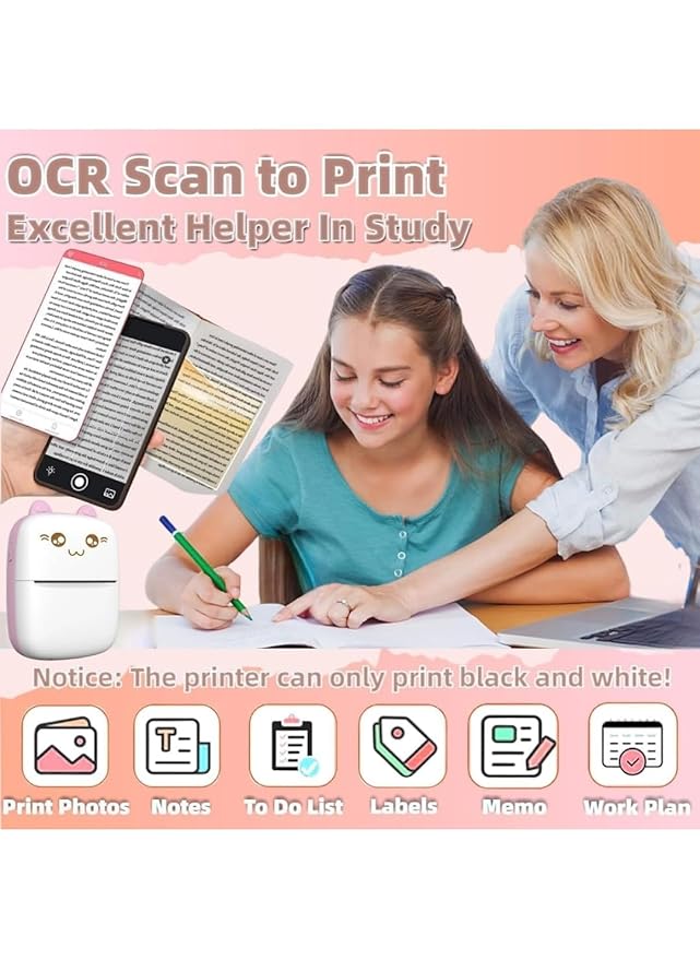 Mini Thermal Printer | Inkless Sticker Printer | USB APP Control Inkless Printer| Wireless Mini Pocket Printer for Labels, Stickers, Photos, Bookmarks, Cards, White