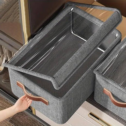 Folding Storage Boxes with Lid, Large Clear Collapsible Stackable Storage Boxes Foldable Fabric Linen Storage Box Cubes, Closet Organizer Baskets with Labels for Home