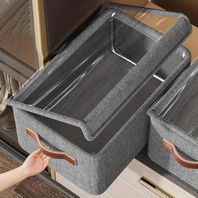 Folding Storage Boxes with Lid, Large Clear Collapsible Stackable Storage Boxes Foldable Fabric Linen Storage Box Cubes, Closet Organizer Baskets with Labels for Home