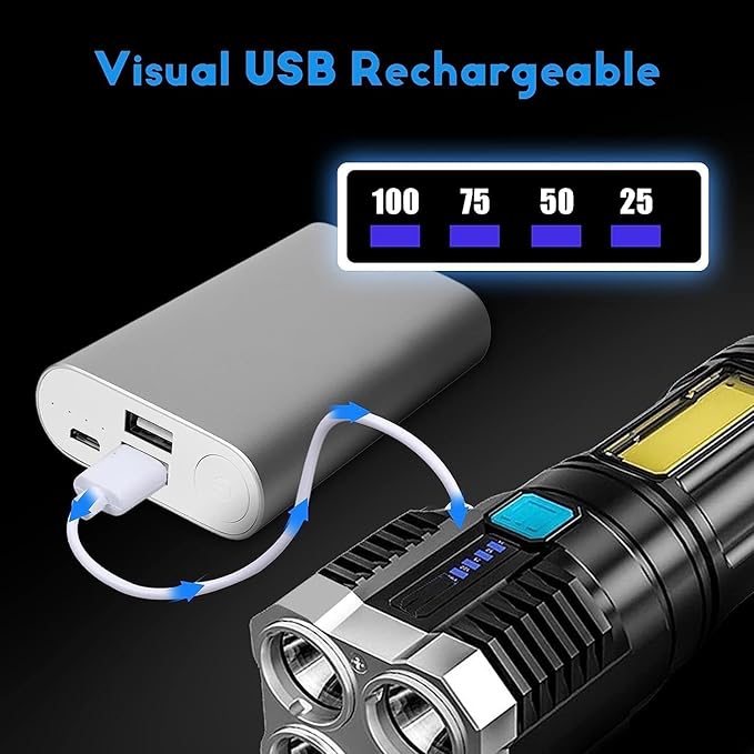 4 in 1 LED Torch Lights Rechargeable Emergency Torch Light 3W USB Charge Flashlight - High Power Long Distance Beam Range 4 Modes Torch for Outdoor, Indoor, Hiking, Walking.