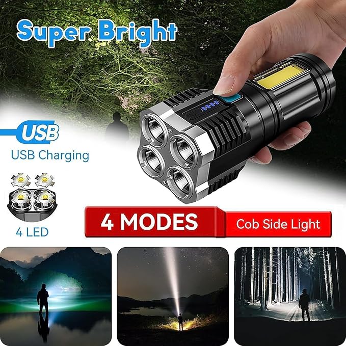 4 in 1 LED Torch Lights Rechargeable Emergency Torch Light 3W USB Charge Flashlight - High Power Long Distance Beam Range 4 Modes Torch for Outdoor, Indoor, Hiking, Walking.