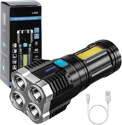 4 in 1 LED Torch Lights Rechargeable Emergency Torch Light 3W USB Charge Flashlight - High Power Long Distance Beam Range 4 Modes Torch for Outdoor, Indoor, Hiking, Walking.
