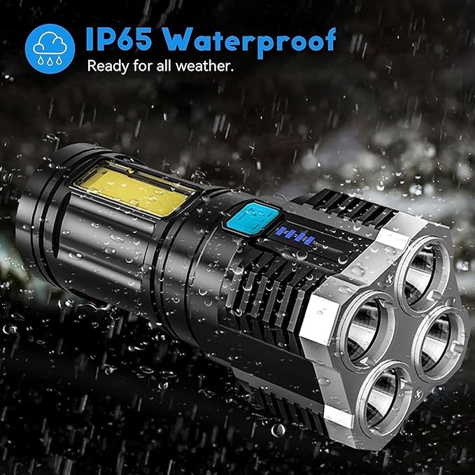 4 in 1 LED Torch Lights Rechargeable Emergency Torch Light 3W USB Charge Flashlight - High Power Long Distance Beam Range 4 Modes Torch for Outdoor, Indoor, Hiking, Walking.