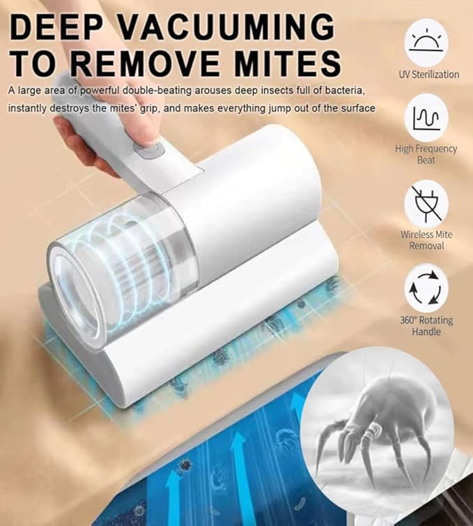 Portable Dust Suction Mites Remover Handheld Wireless Vacuum Cleaner Rechargeable Dust Remover Brush.