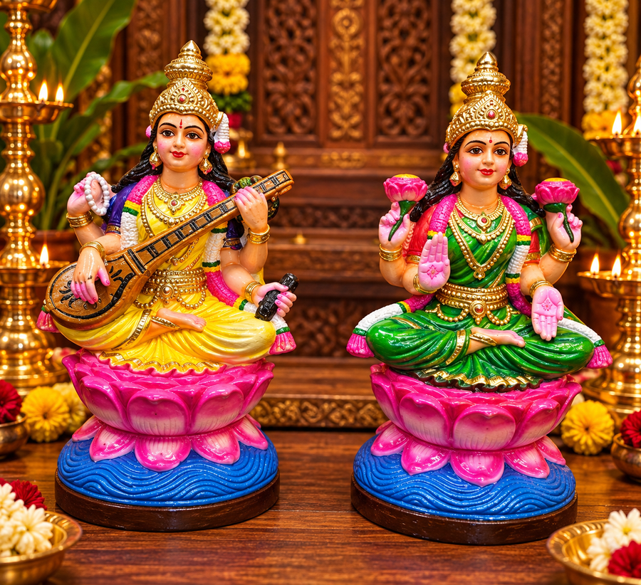 Terracotta Lakshmi & Saraswathi Set – Golu Dolls 11 inch