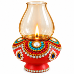 Royal Terracotta Stone Work Chimni Lamp | Handcrafted Traditional Earthen Oil Lamp with Glass Chimney | Decorative Diya for Pooja & Home Décor[5.5inch=H*L=5.5*3.5]