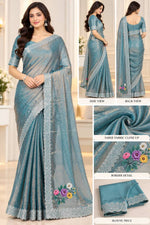 Women's Teal Blue Shimmer Saree with Silver Lace Border and Floral Embroidery
