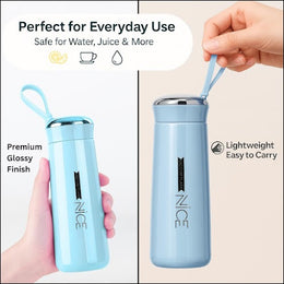 NICE Premium Glass Water Bottle with Protective Sleeve - 400 ml Leak Proof, BPA Free, Eco-Friendly Bottle with Wide Mouth & Air Tight Lid for Office, Gym, Travel & Home (Pack of 2, Blue)