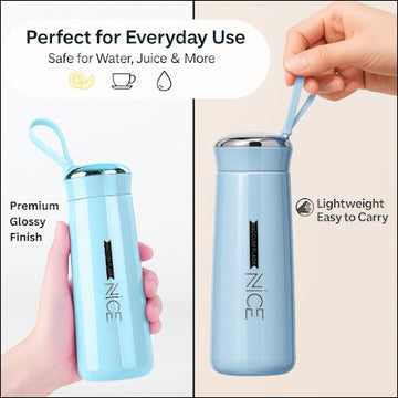 NICE Premium Glass Water Bottle with Protective Sleeve - 400 ml Leak Proof, BPA Free, Eco-Friendly Bottle with Wide Mouth & Air Tight Lid for Office, Gym, Travel & Home (Pack of 2, Blue)