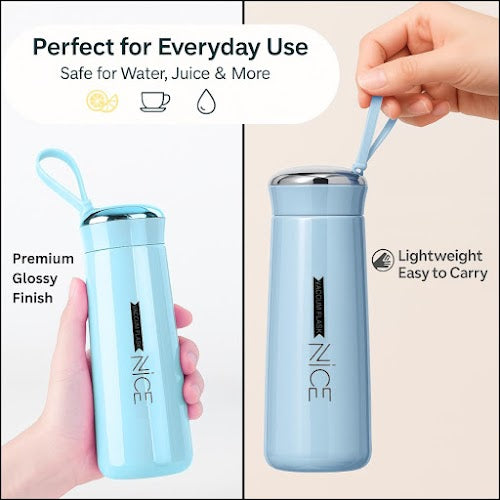 NICE Premium Glass Water Bottle with Protective Sleeve - 400 ml Leak Proof, BPA Free, Eco-Friendly Bottle with Wide Mouth & Air Tight Lid for Office, Gym, Travel & Home (Pack of 2, Blue)